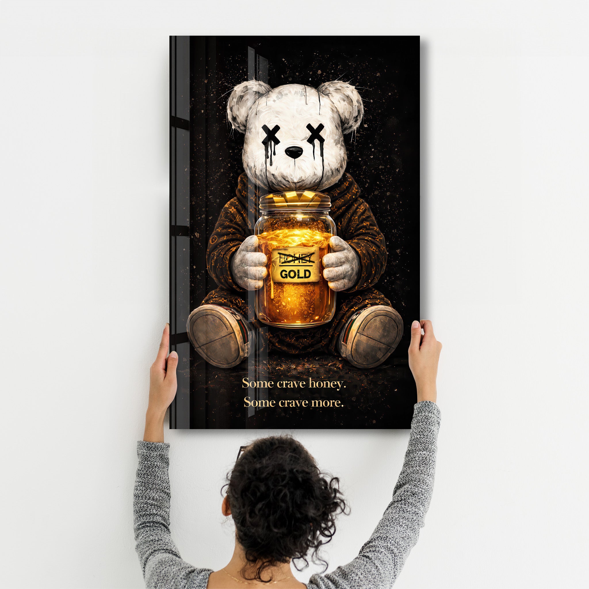 Glass wall art by Artdesigna featuring a colorful design inspired by Some Crave Honey, Some Crave More x Sugar Teddy.