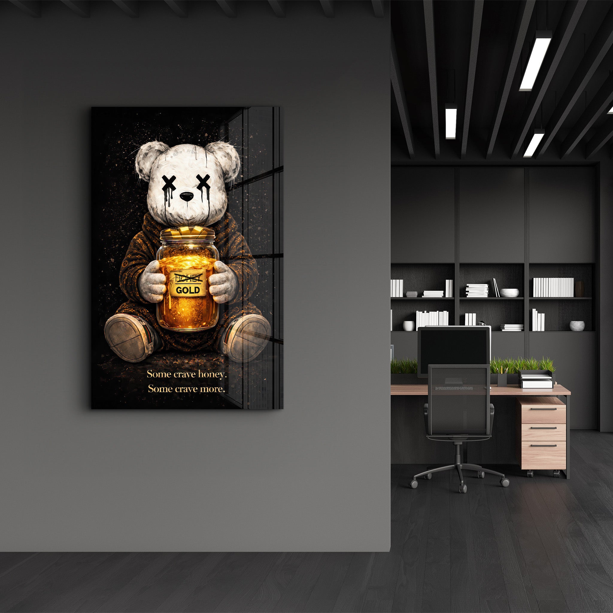 Glass wall art by Artdesigna featuring a colorful design inspired by Crave Honey and Crave More, displayed on a wall.