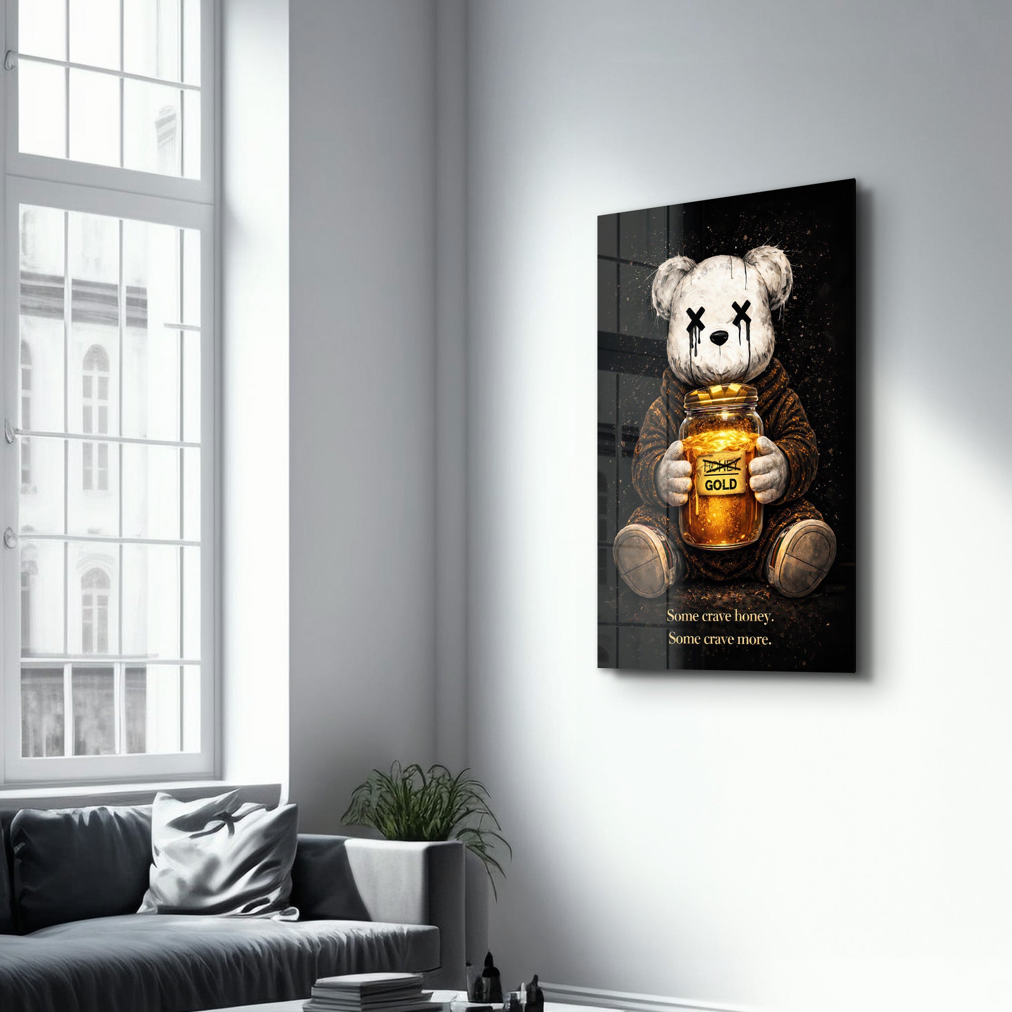 Glass wall art featuring the "Some Crave Honey, Some Crave More" design by Artdesigna, with colorful glass accents and intricate details.