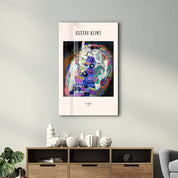 Glass wall art featuring The Virgin 1913 by Gustav Klimt, designed by Artdesigna, showcasing intricate Art Nouveau details.