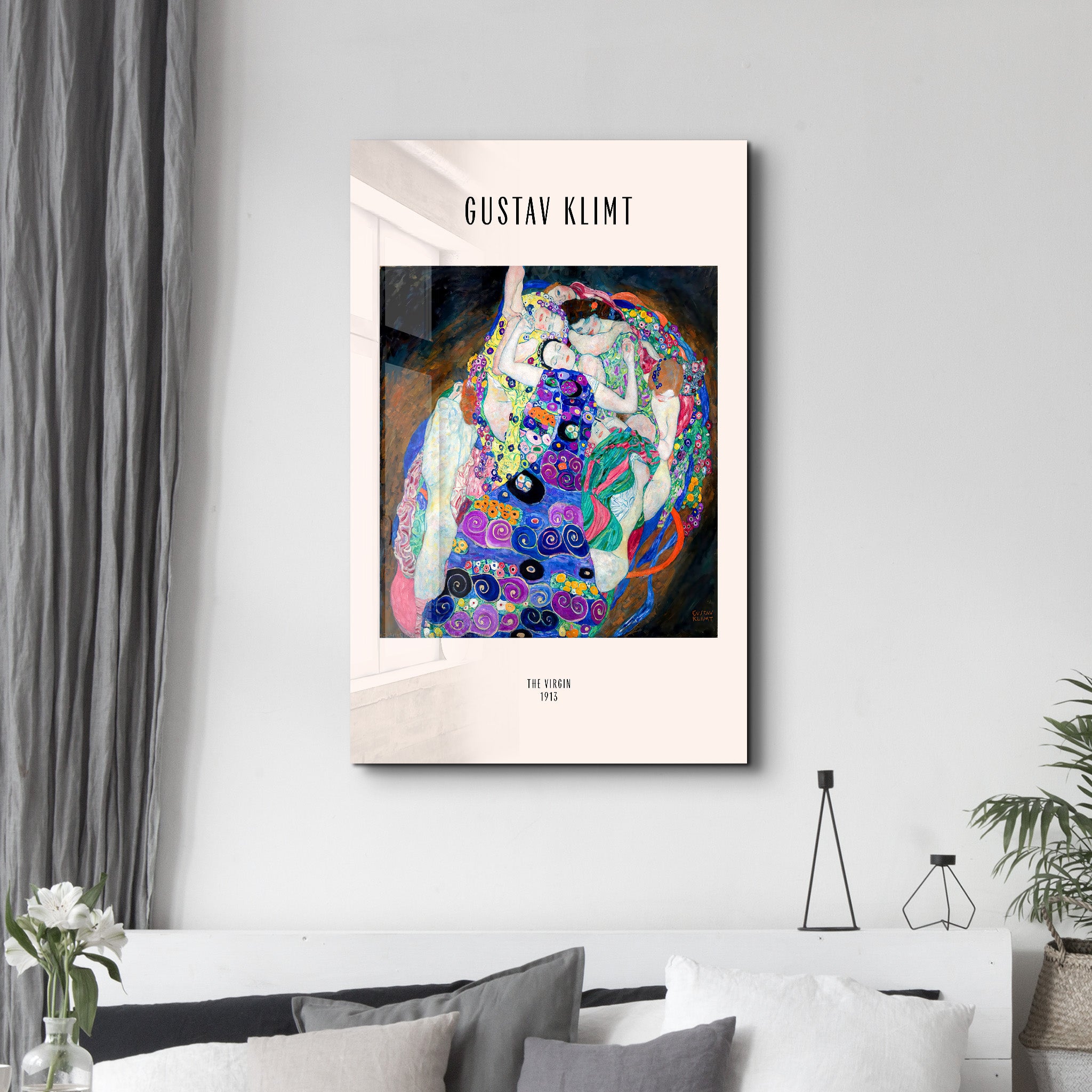 Glass wall art featuring The Virgin 1913 by Gustav Klimt, created by Artdesigna, showcasing intricate details and vibrant colors.