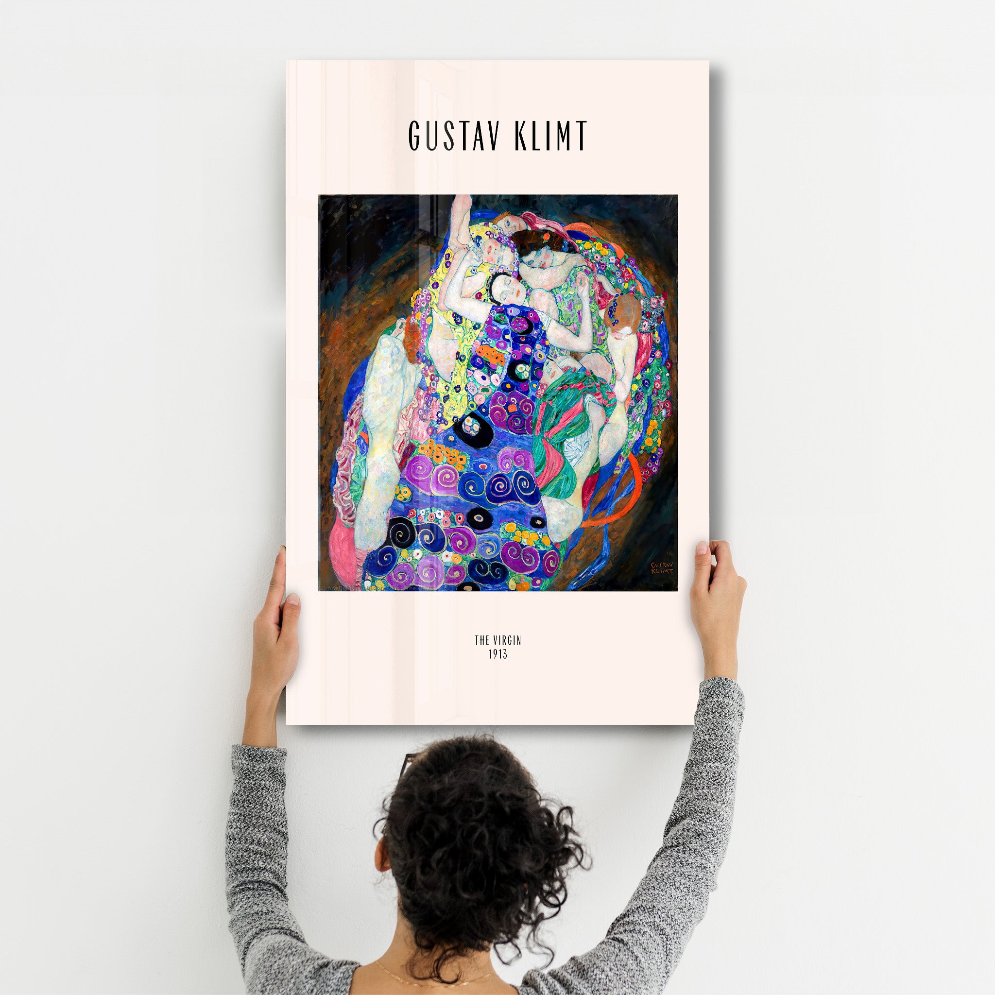 Elegant glass wall art featuring Gustav Klimt's The Virgin 1913, displayed in a sleek, modern design by Artdesigna.