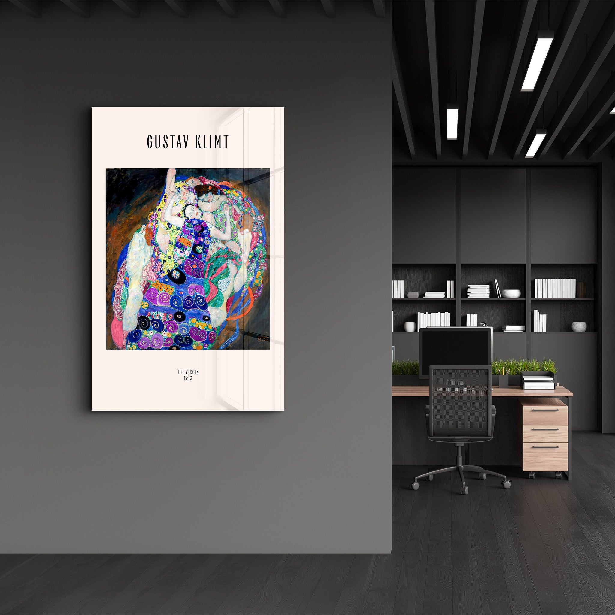 Glass wall art featuring The Virgin 1913 by Gustav Klimt, crafted by Artdesigna, showcasing intricate gold and colorful details.