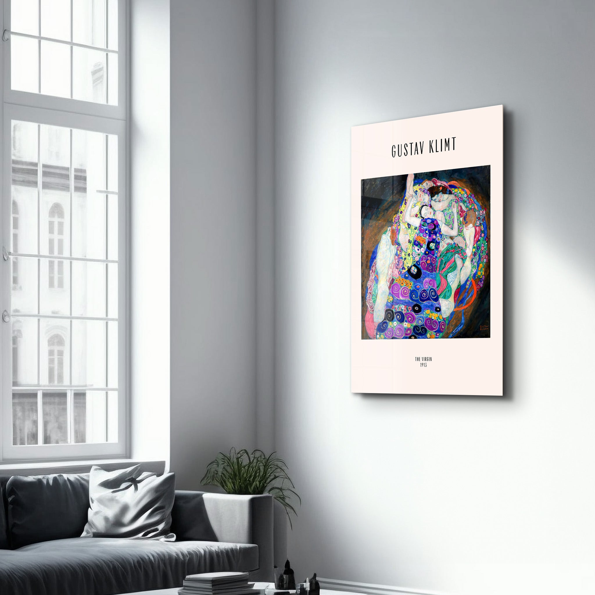 Glass wall art featuring The Virgin 1913 by Gustav Klimt, created by Artdesigna, showcasing intricate artwork on clear glass.