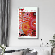 Yayoi Kusama Infinite Circles glass wall art by Artdesigna showcasing vibrant, circular patterns against a clear backdrop.