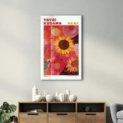 Colorful Yayoi Kusama sunflower design in glass wall art by Artdesigna, showcasing polka dots and vibrant patterns.