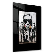 Glass wall art titled Silent Rebellion Urban Protest by Artdesigna featuring vibrant street art design on clear glass.
