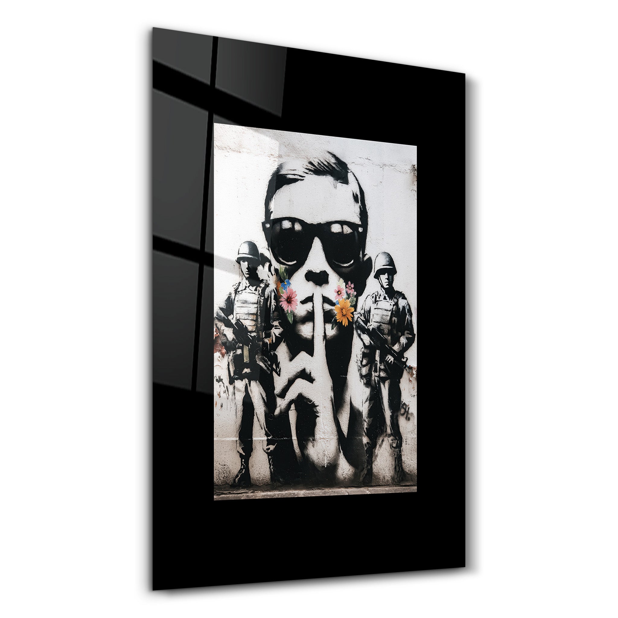Glass wall art titled Silent Rebellion Urban Protest by Artdesigna featuring vibrant street art design on clear glass.