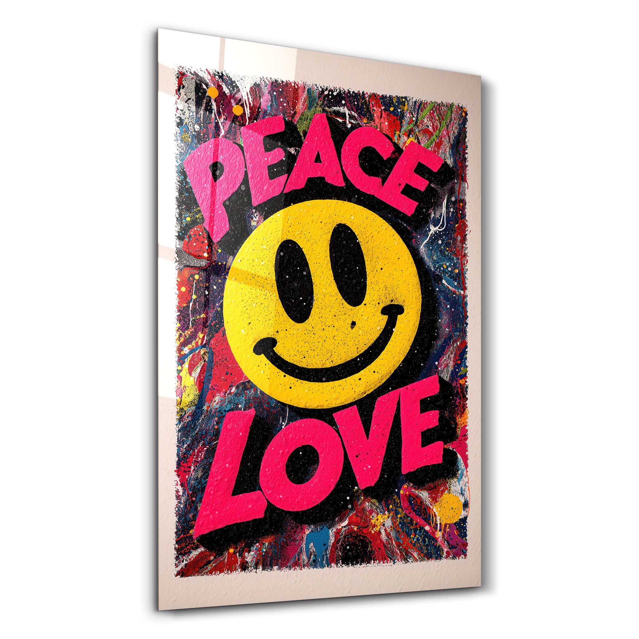 Colorful Peace Love Pop Graffiti Smile Glass Wall Art by Artdesigna featuring vibrant graffiti-style design on clear glass