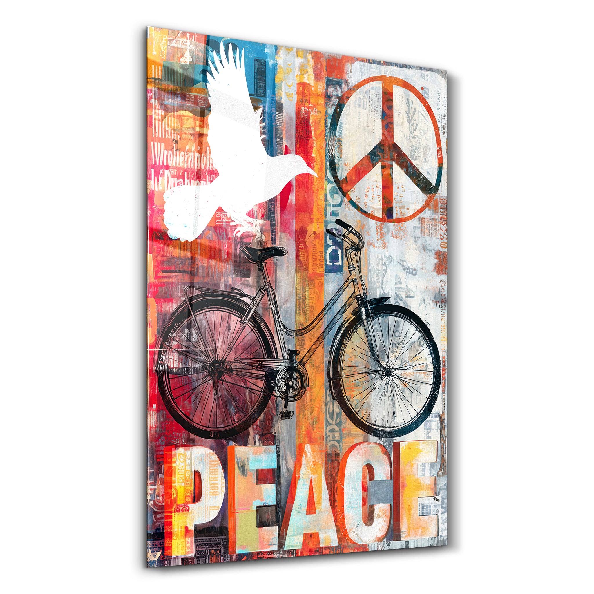 Glass wall art featuring a Peace Ride urban bicycle collage by Artdesigna, showcasing vibrant cityscape and bicycle imagery.
