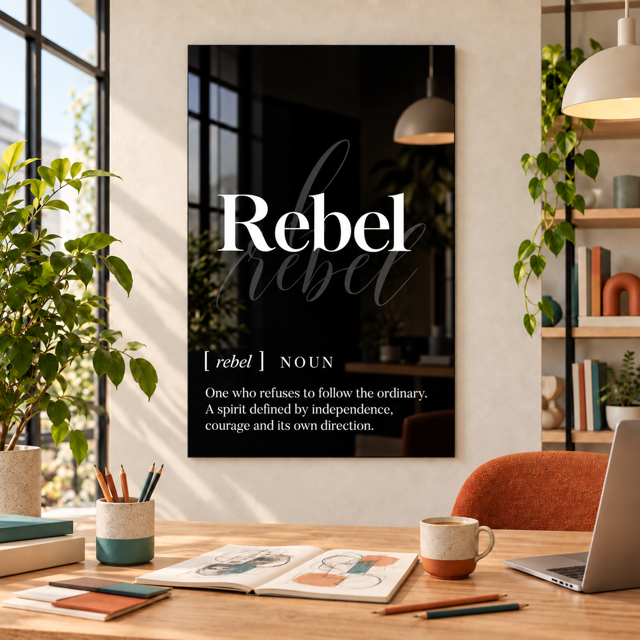 Rebel Definition glass wall art by Artdesigna, black and white typography print in a home office