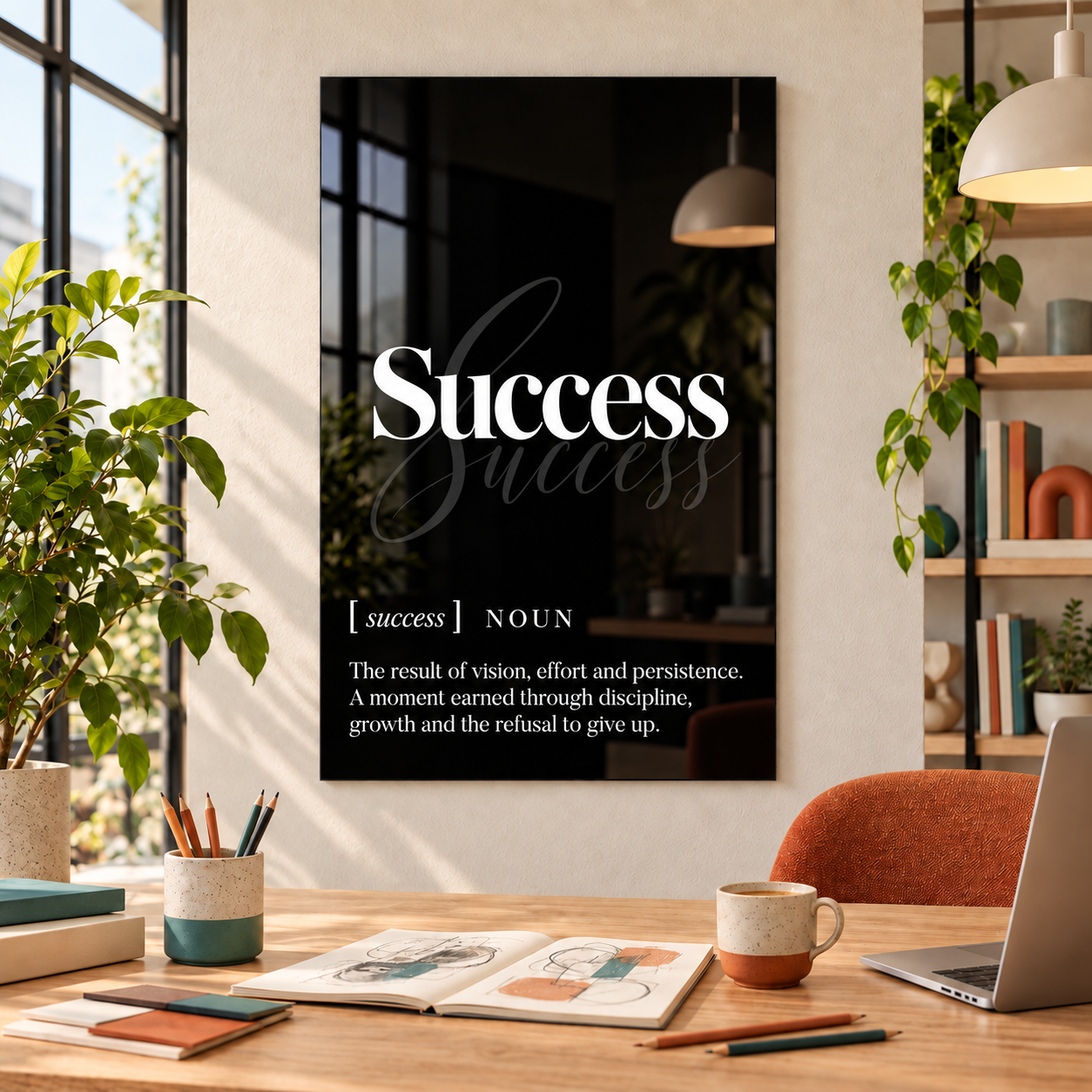 Success Definition glass wall art by Artdesigna, black and white typography print in a home office