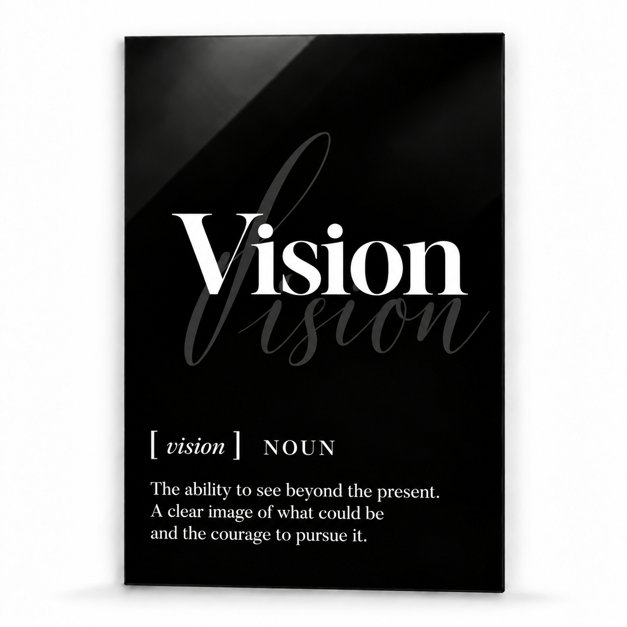 Vision Definition glass wall art by Artdesigna, black and white typography print