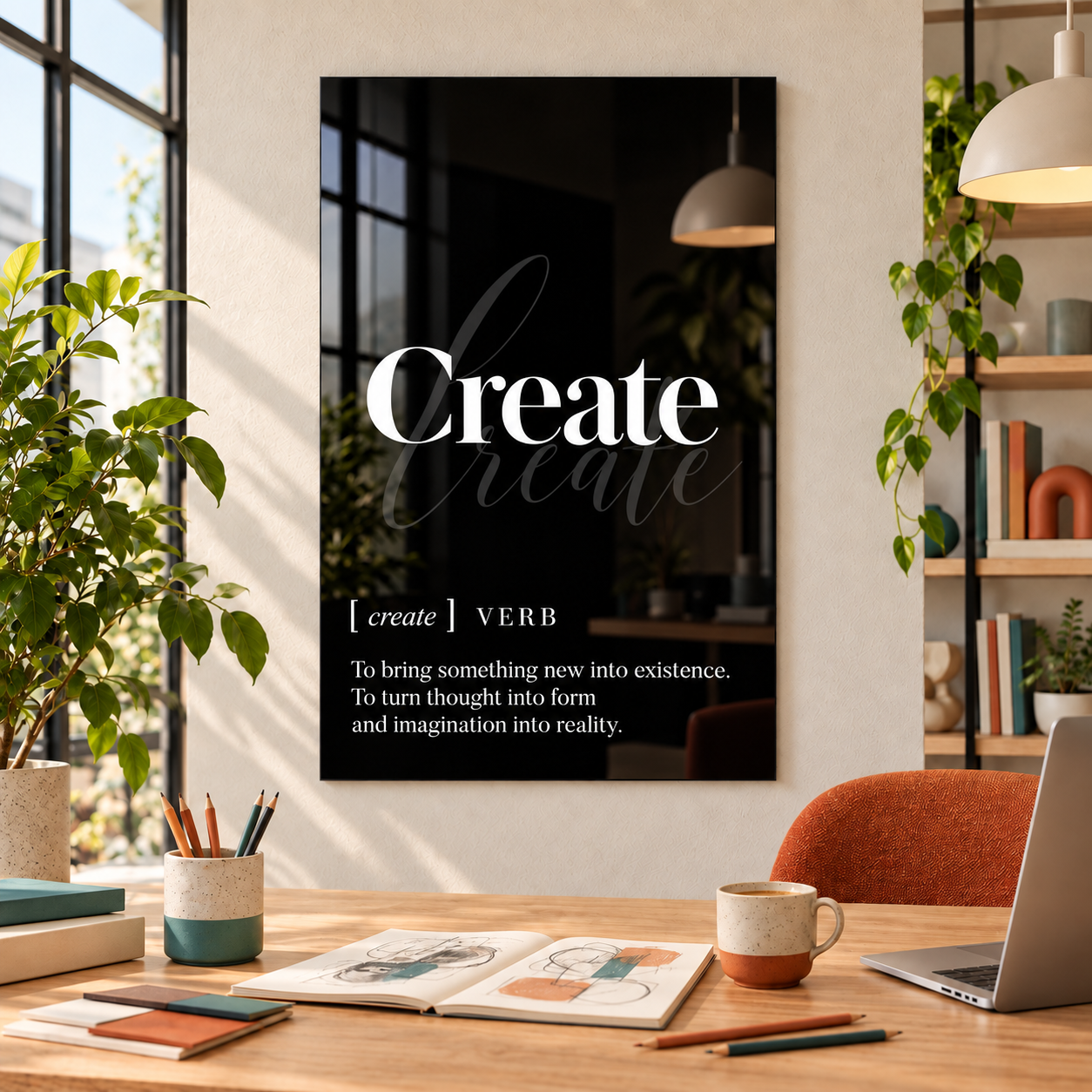 Create Definition glass wall art by Artdesigna, black and white typography print in a home office