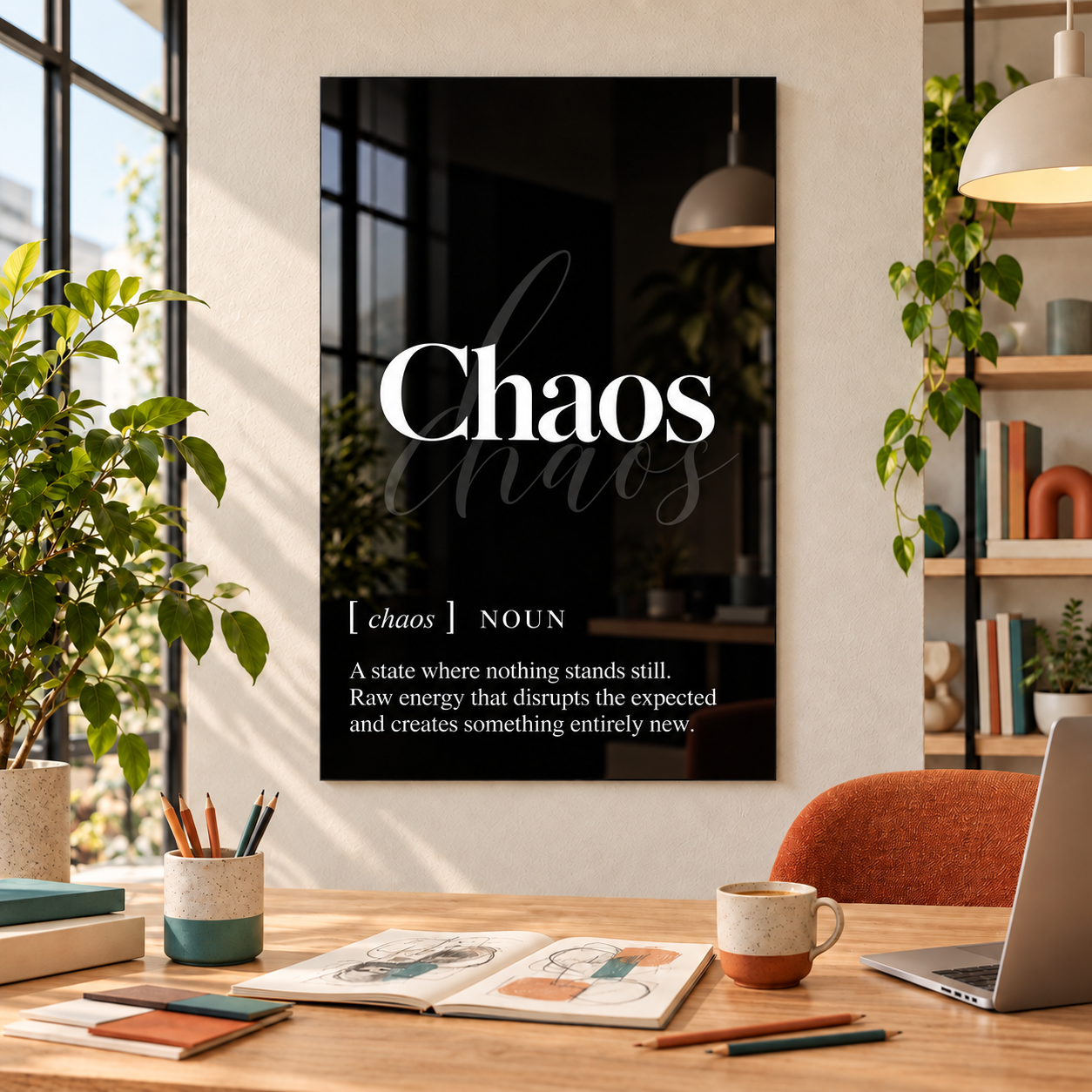 Chaos Definition glass wall art by Artdesigna, black and white typography print in a home office