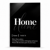 Home Definition glass wall art by Artdesigna, black and white typography print