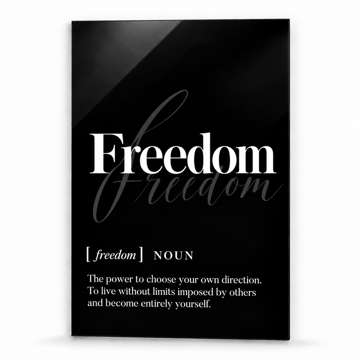Freedom Definition glass wall art by Artdesigna, black and white typography print