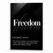 Freedom Definition glass wall art by Artdesigna, black and white typography print