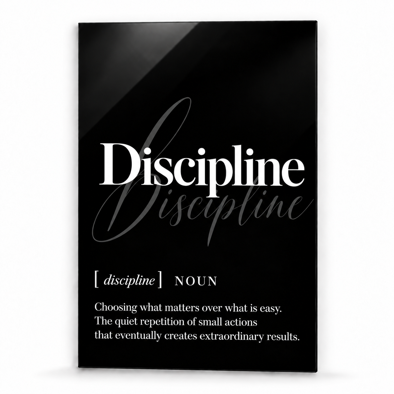 Discipline Definition glass wall art by Artdesigna, black and white typography print