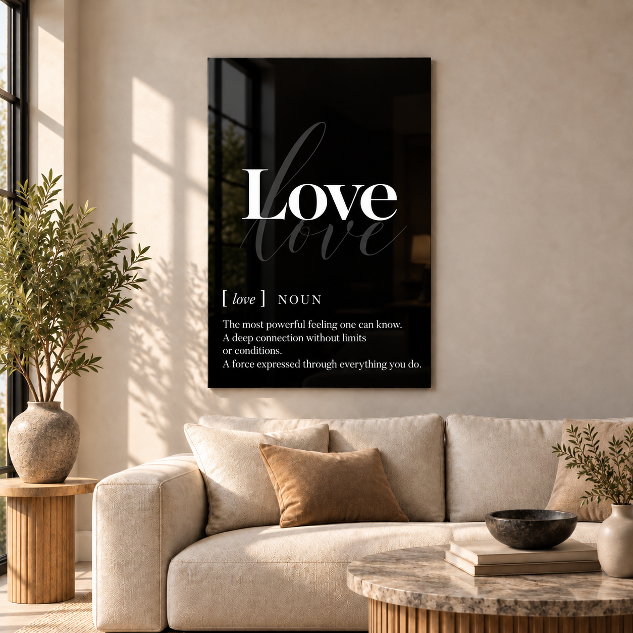 Love Definition glass wall art by Artdesigna, black and white typography print in a living room