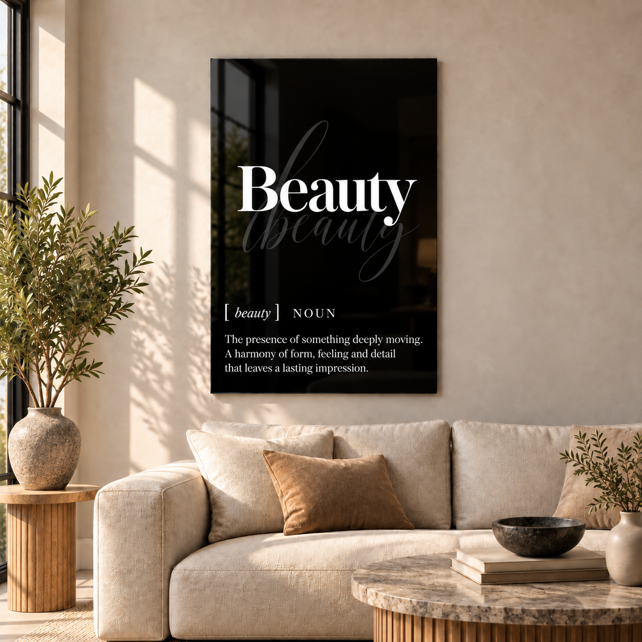 Beauty Definition glass wall art by Artdesigna, black and white typography print in a living room