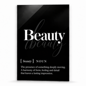 Beauty Definition glass wall art by Artdesigna, black and white typography print