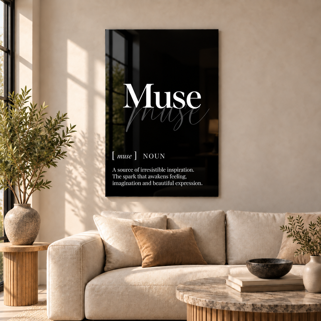 Muse Definition glass wall art by Artdesigna, black and white typography print in a living room