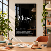 Muse Definition glass wall art by Artdesigna, black and white typography print in a home office