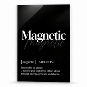 Magnetic Definition glass wall art by Artdesigna, black and white typography print