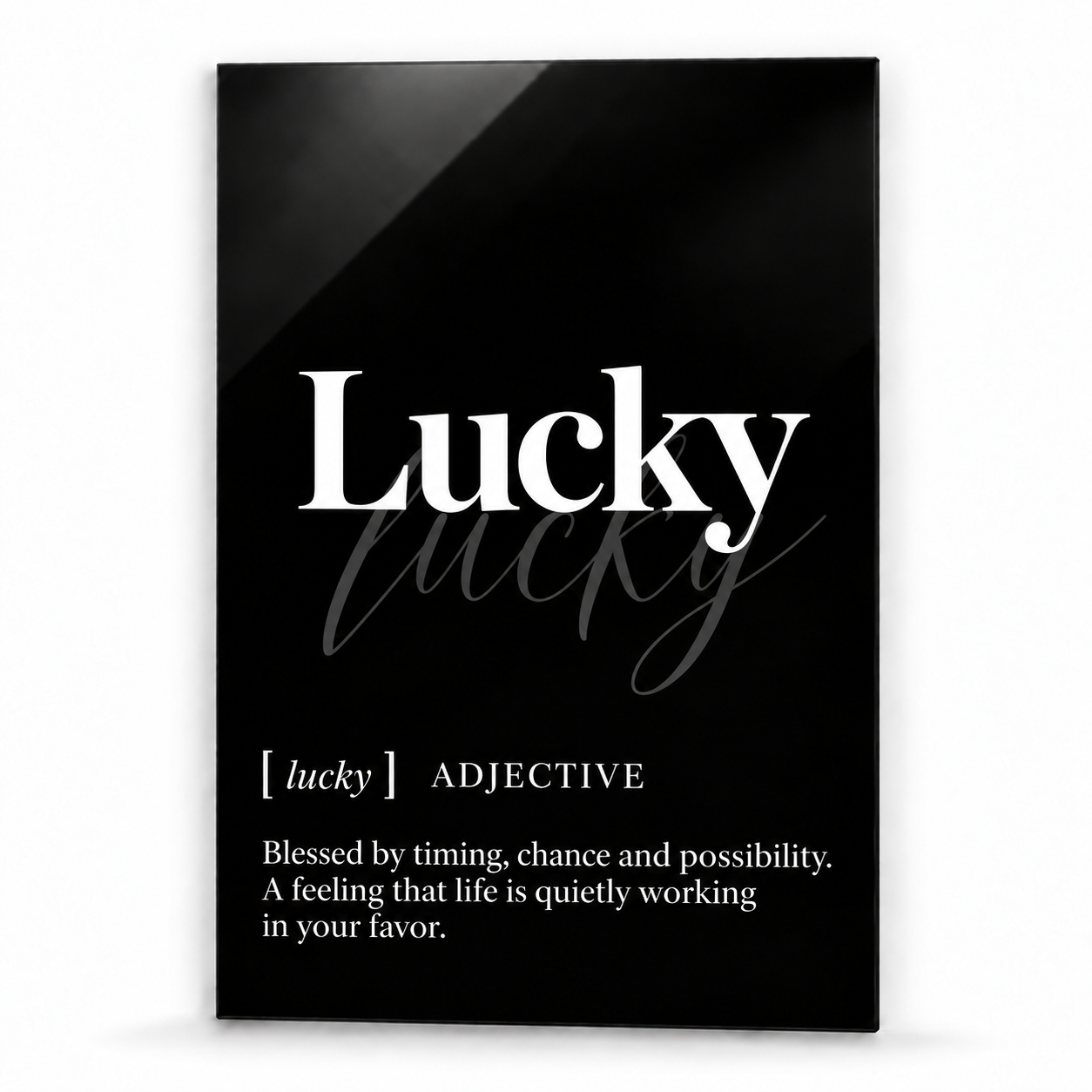 Lucky Definition glass wall art by Artdesigna, black and white typography print