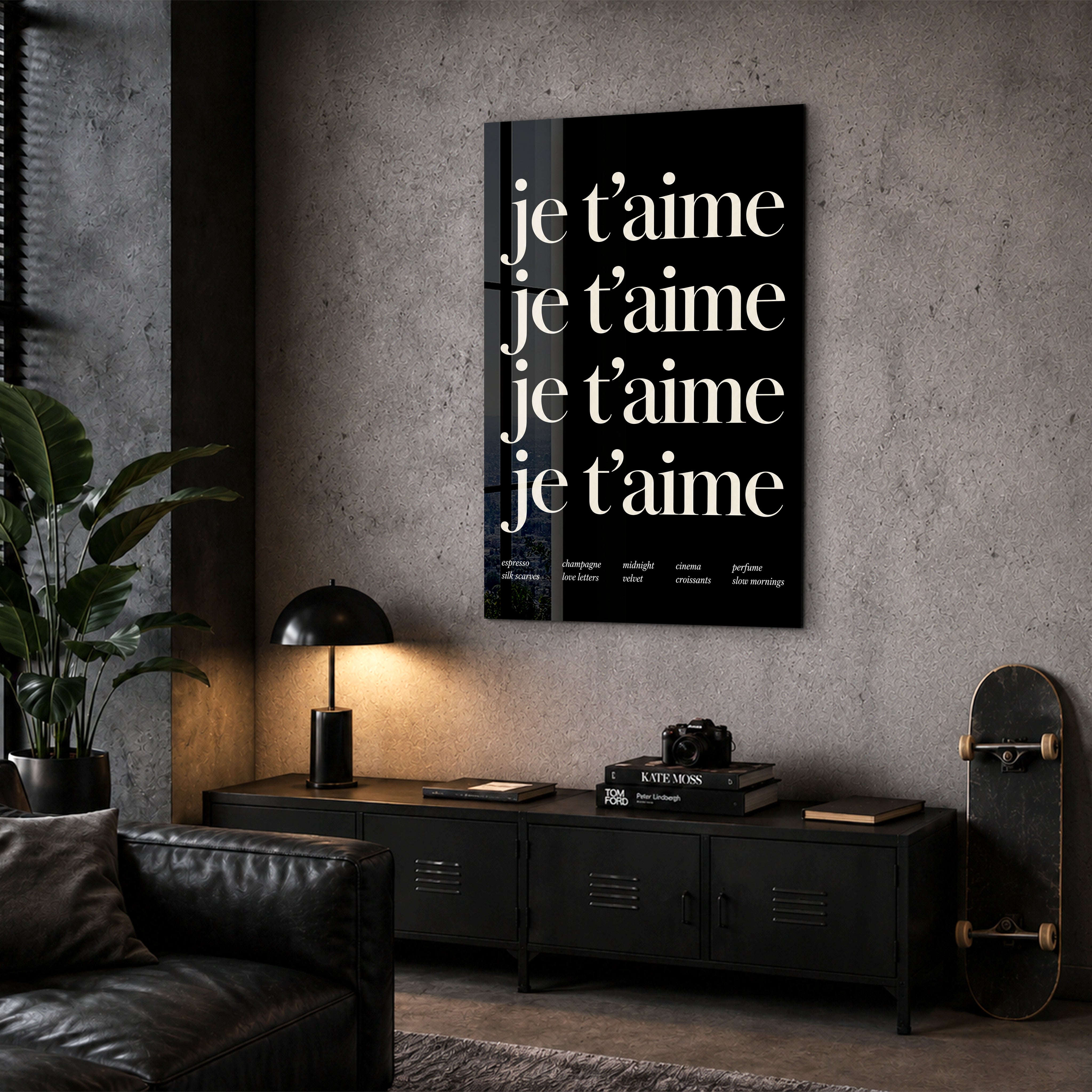 Je T'aime Artdesigna glass wall art displayed in a corner setting