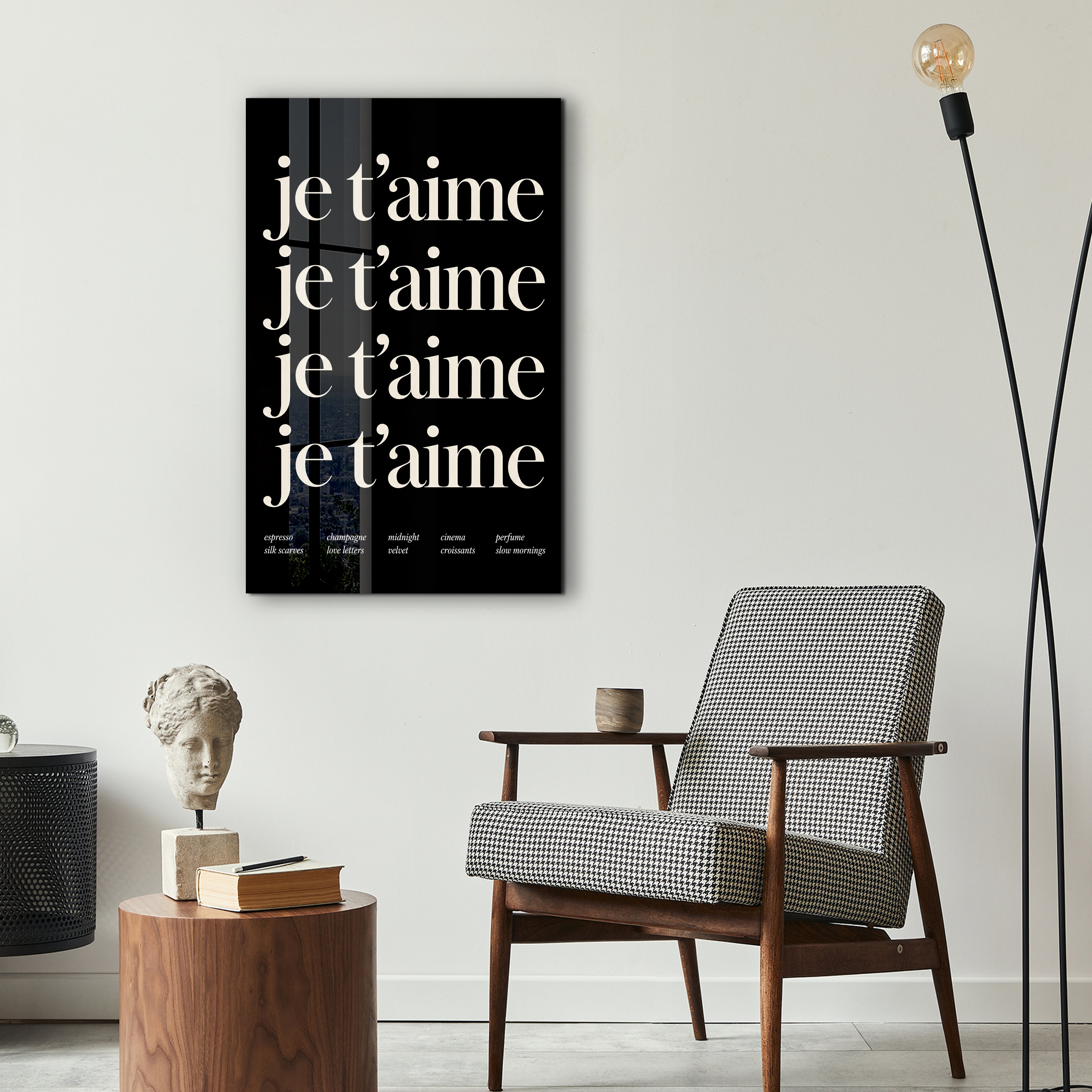 Artdesigna Je T'aime glass wall art displayed as elegant romantic decor in a stylish interior