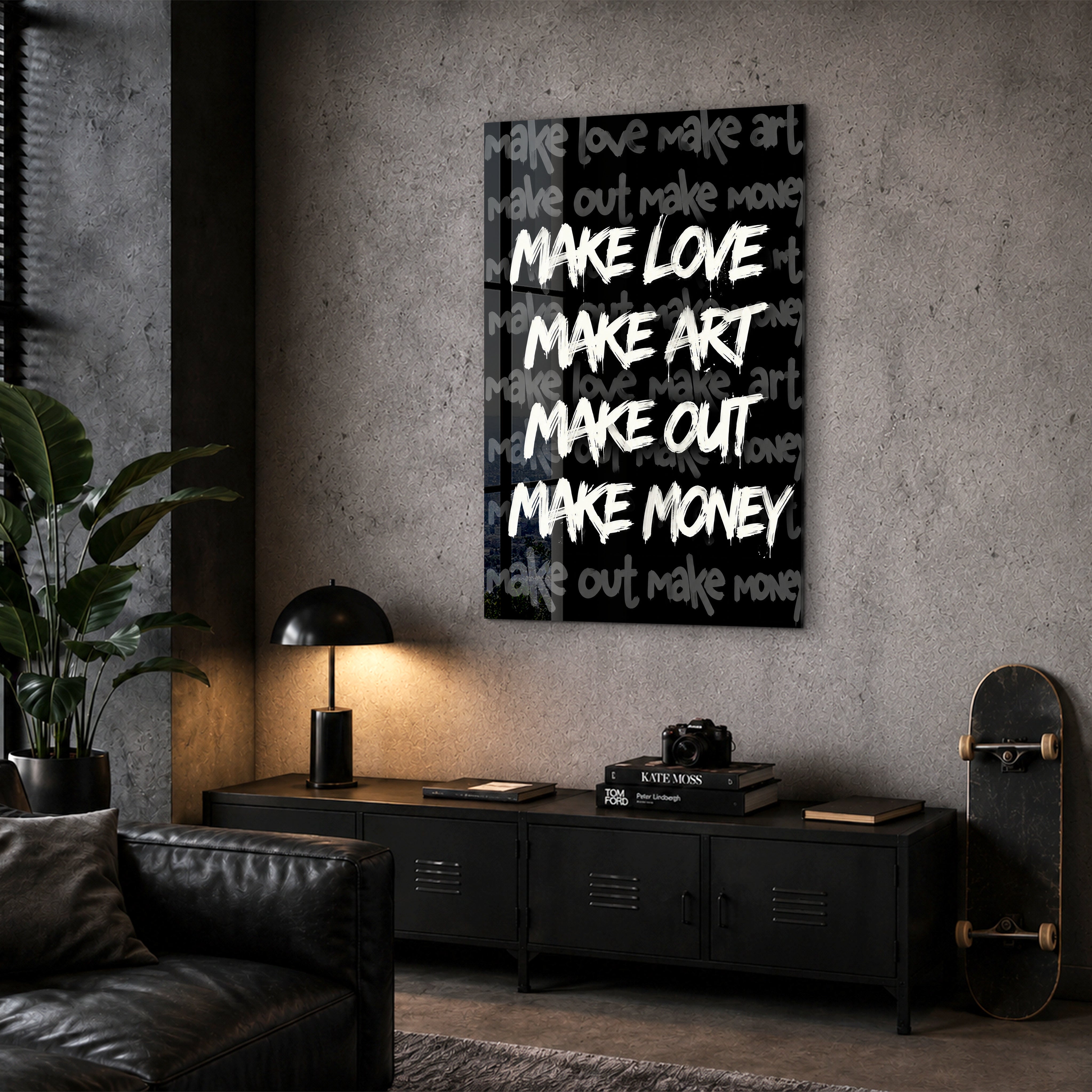 Make Love, Make Art glass wall art by Artdesigna in a corner display alcove