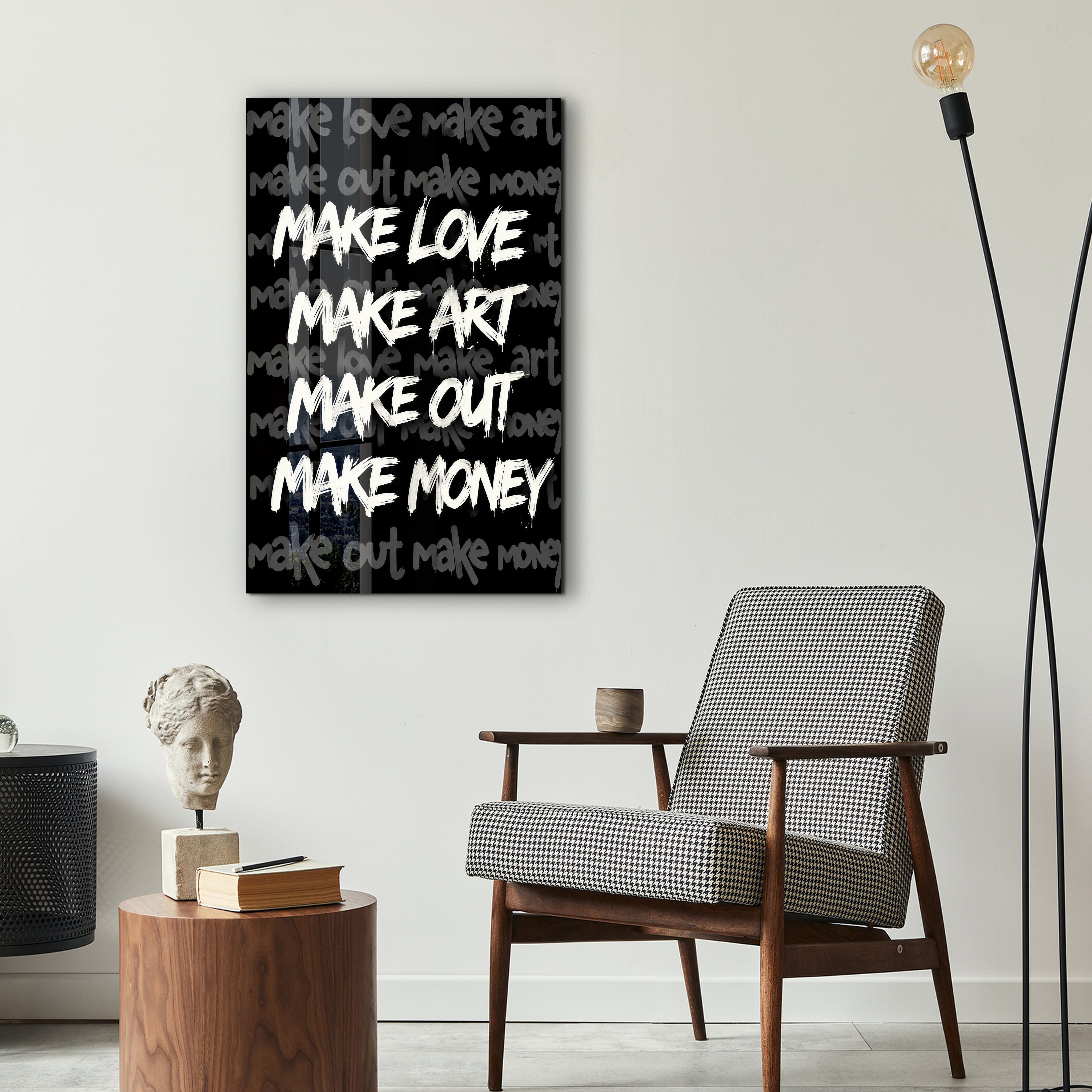 Make Love, Make Art glass wall art by Artdesigna displayed as colorful lifestyle decor