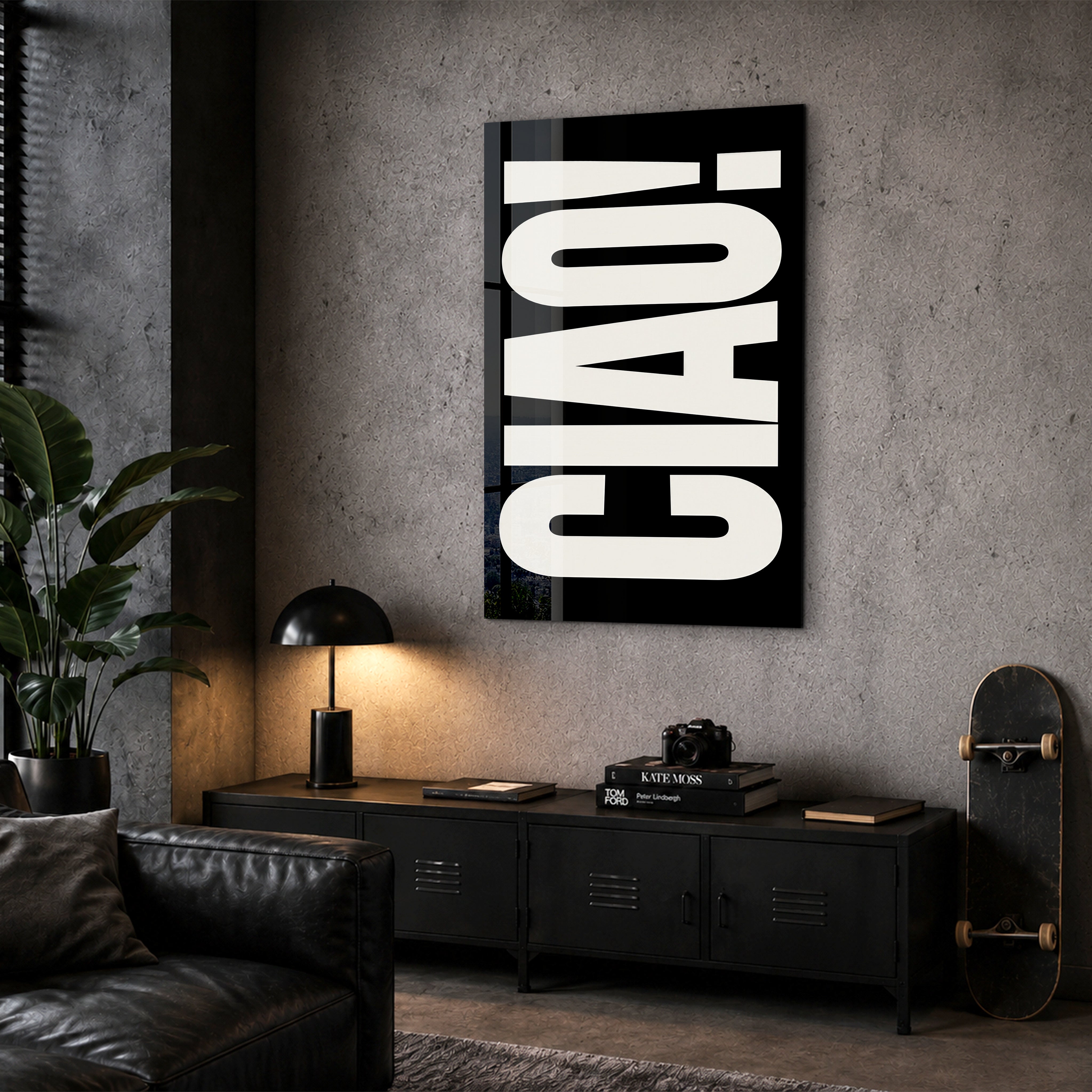 Artdesigna Ciao! Bold Type glass wall art in a corner view with colorful layered lettering panel