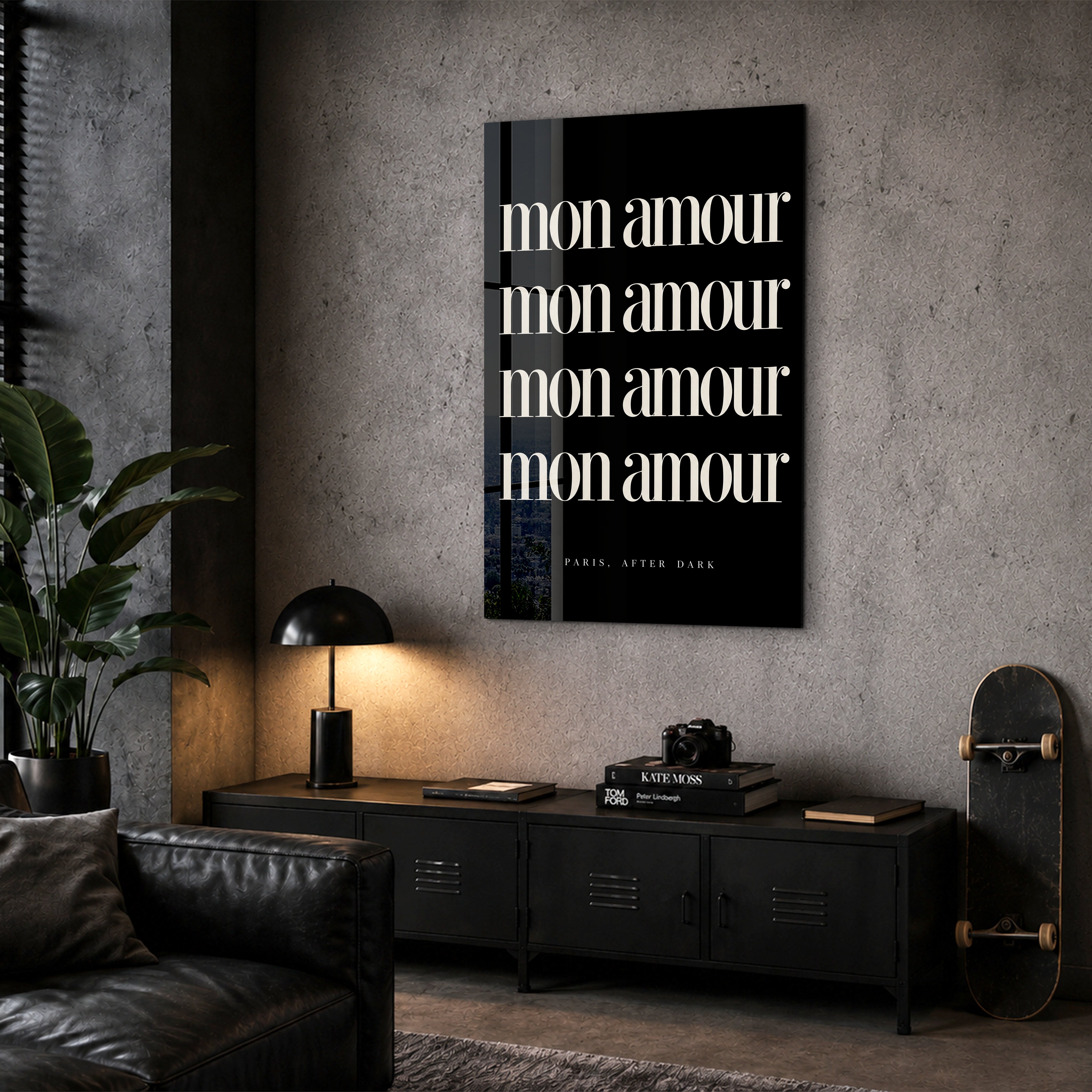 Artdesigna Mon Amour glass wall art displayed in a corner setting