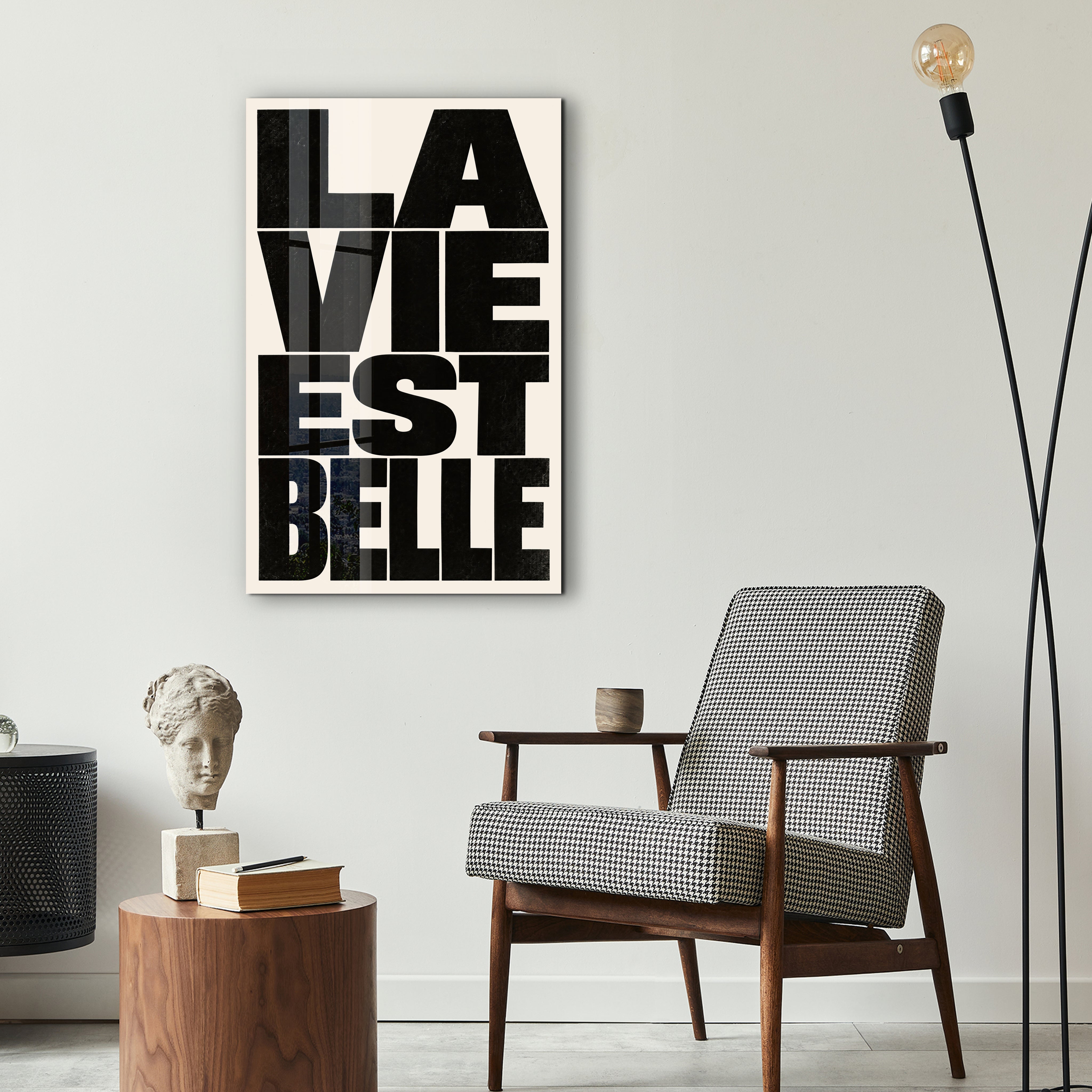 La Vie Est Belle glass wall art by Artdesigna displayed as elegant lifestyle decorասն