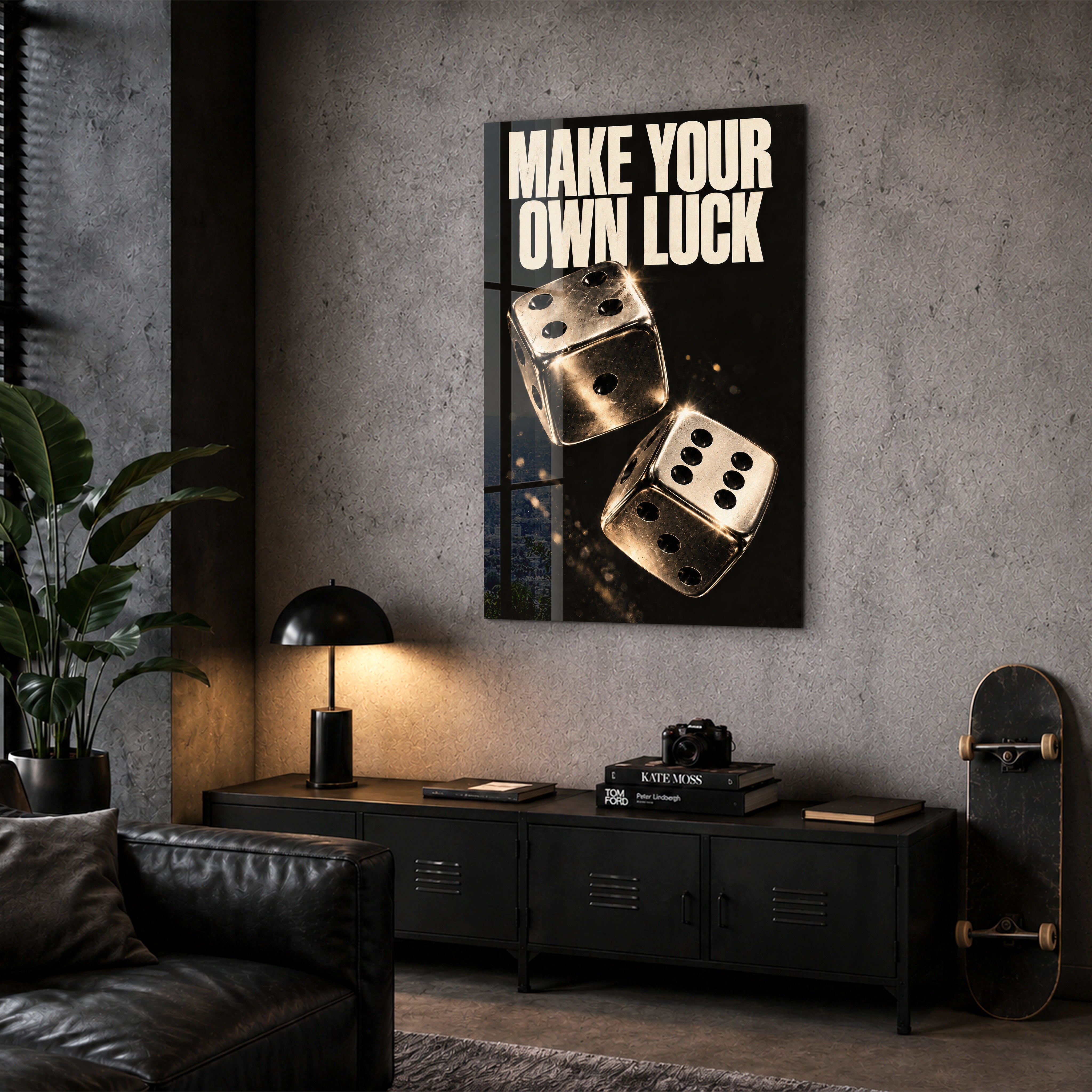 Make Your Own Luck Artdesigna glass wall art displayed in a corner setting