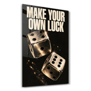 Artdesigna “Make Your Own Luck” glass wall art with bold typographic design on a clear glass panel