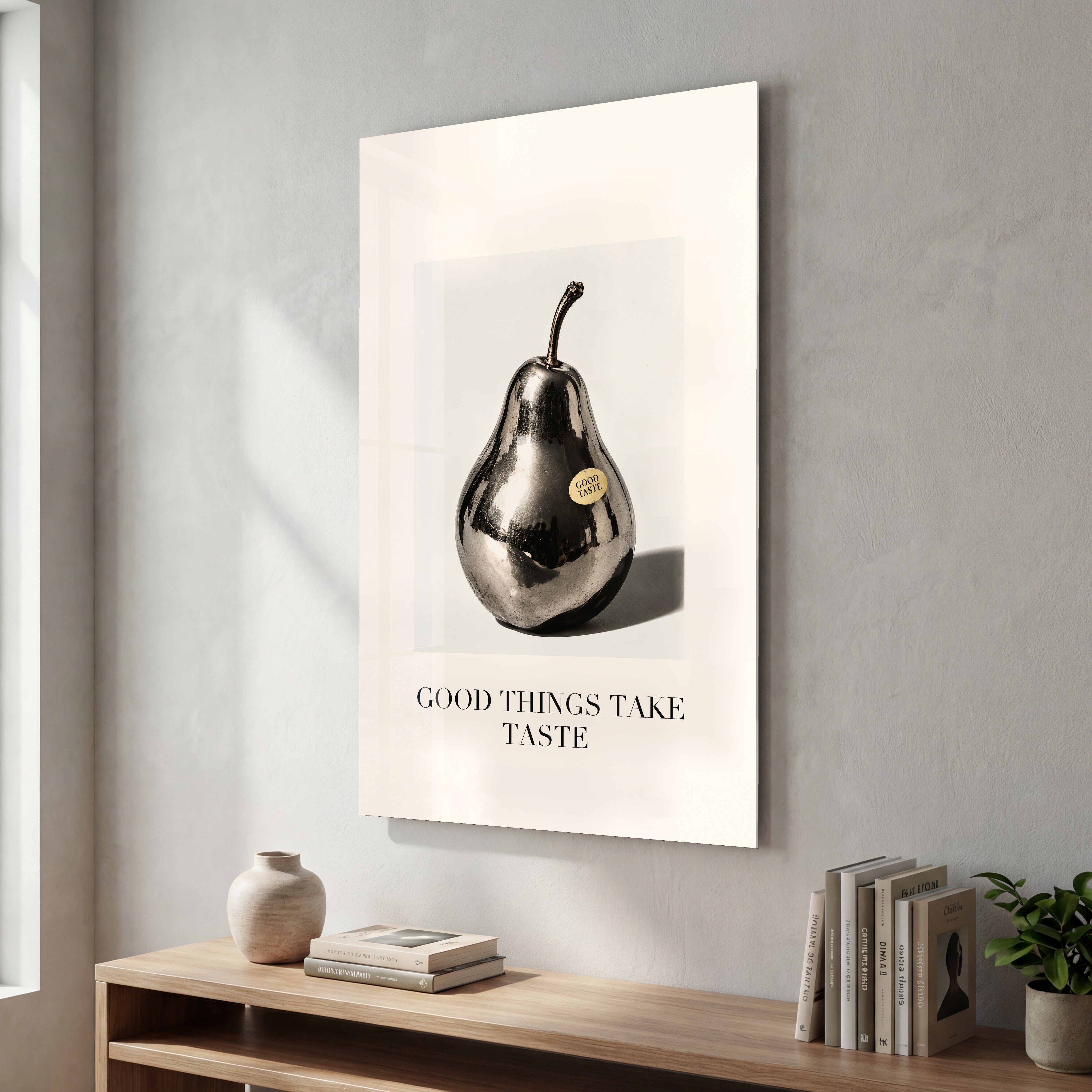 Artdesigna Good Things Take Taste glass wall art with typography design