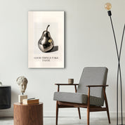 Good Things Take Taste glass wall art by Artdesigna displayed in a stylish interior setting