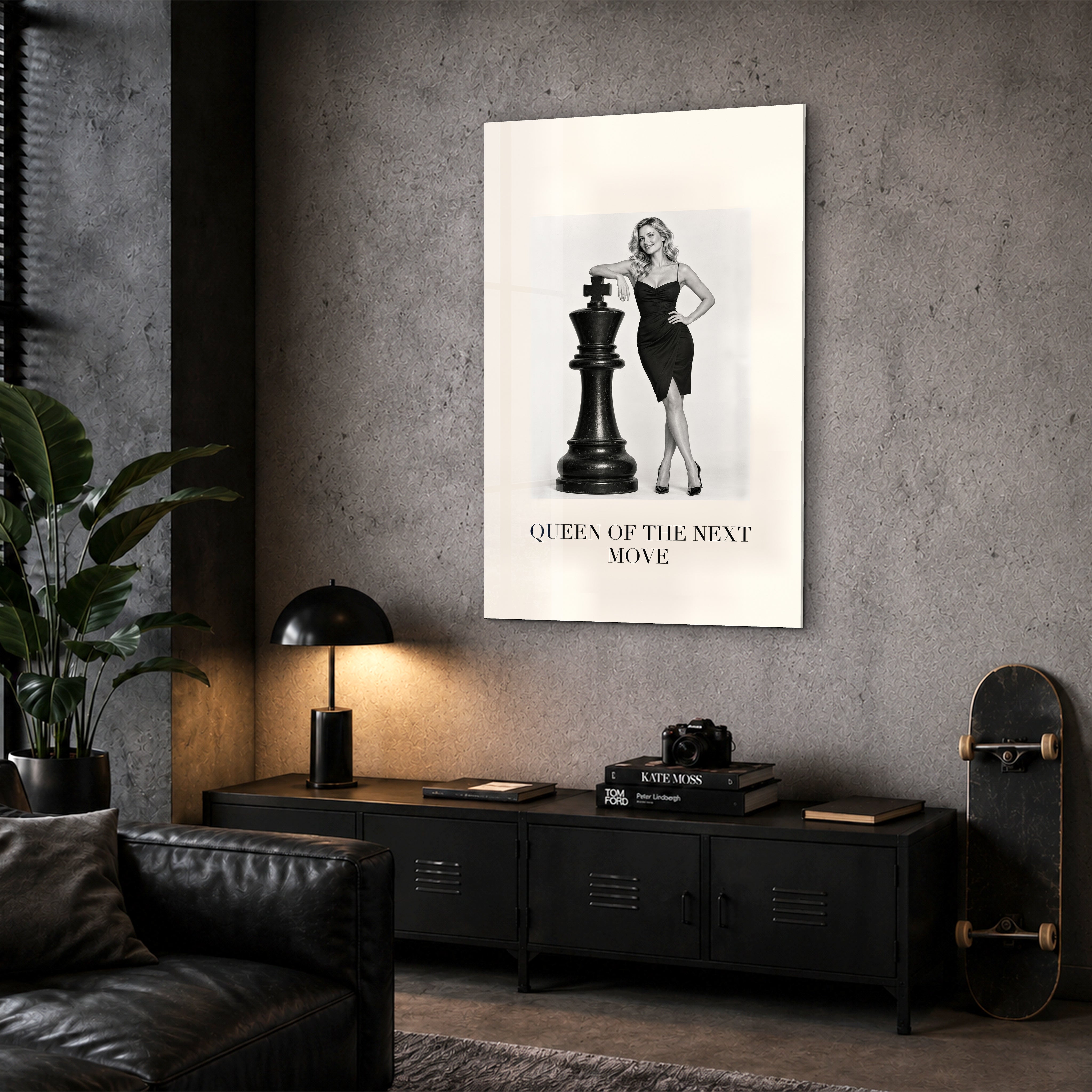 Queen of the Next Move Artdesigna glass wall art displayed in a corner alcove