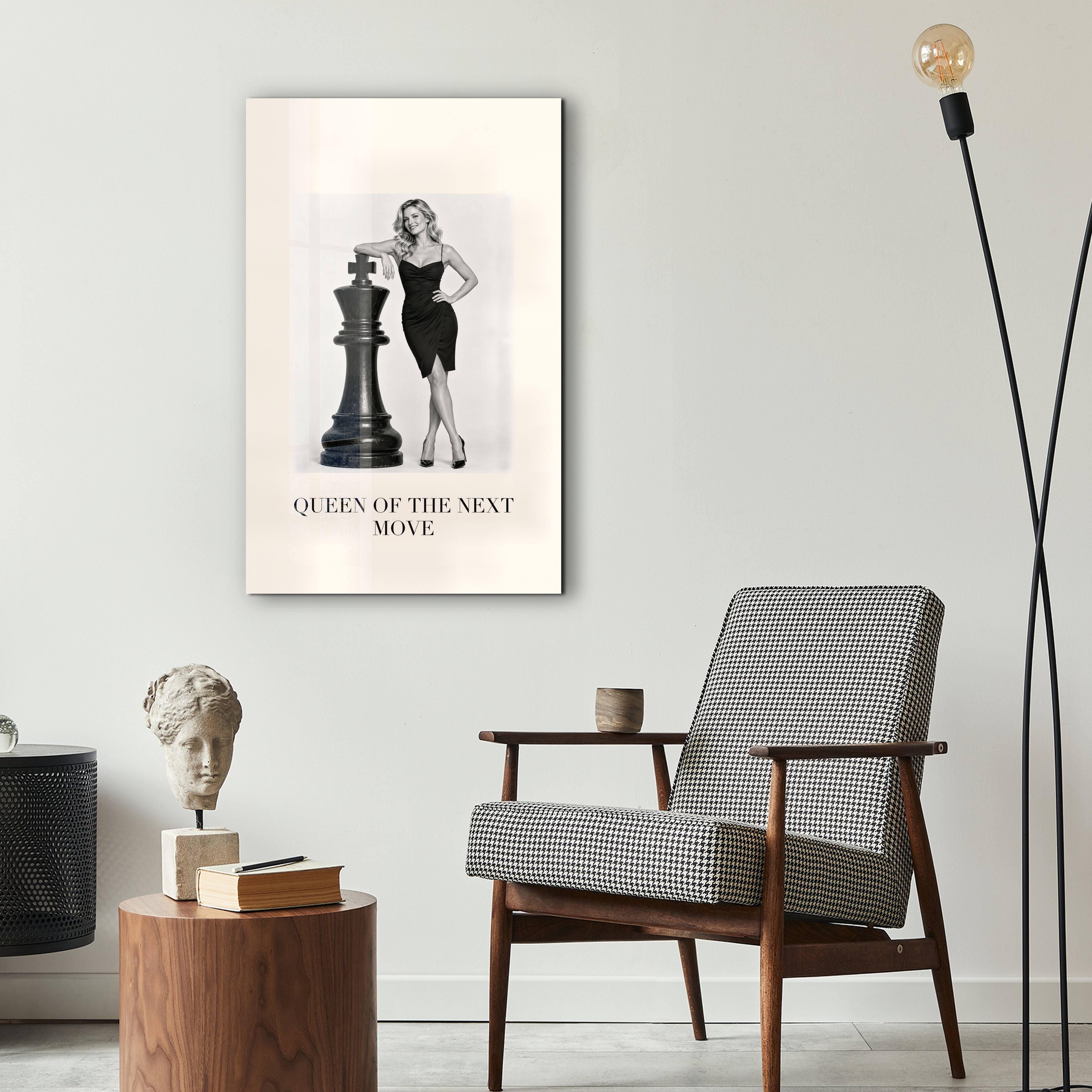 Queen of the Next Move glass wall art by Artdesigna displayed as stylish modern wall decor