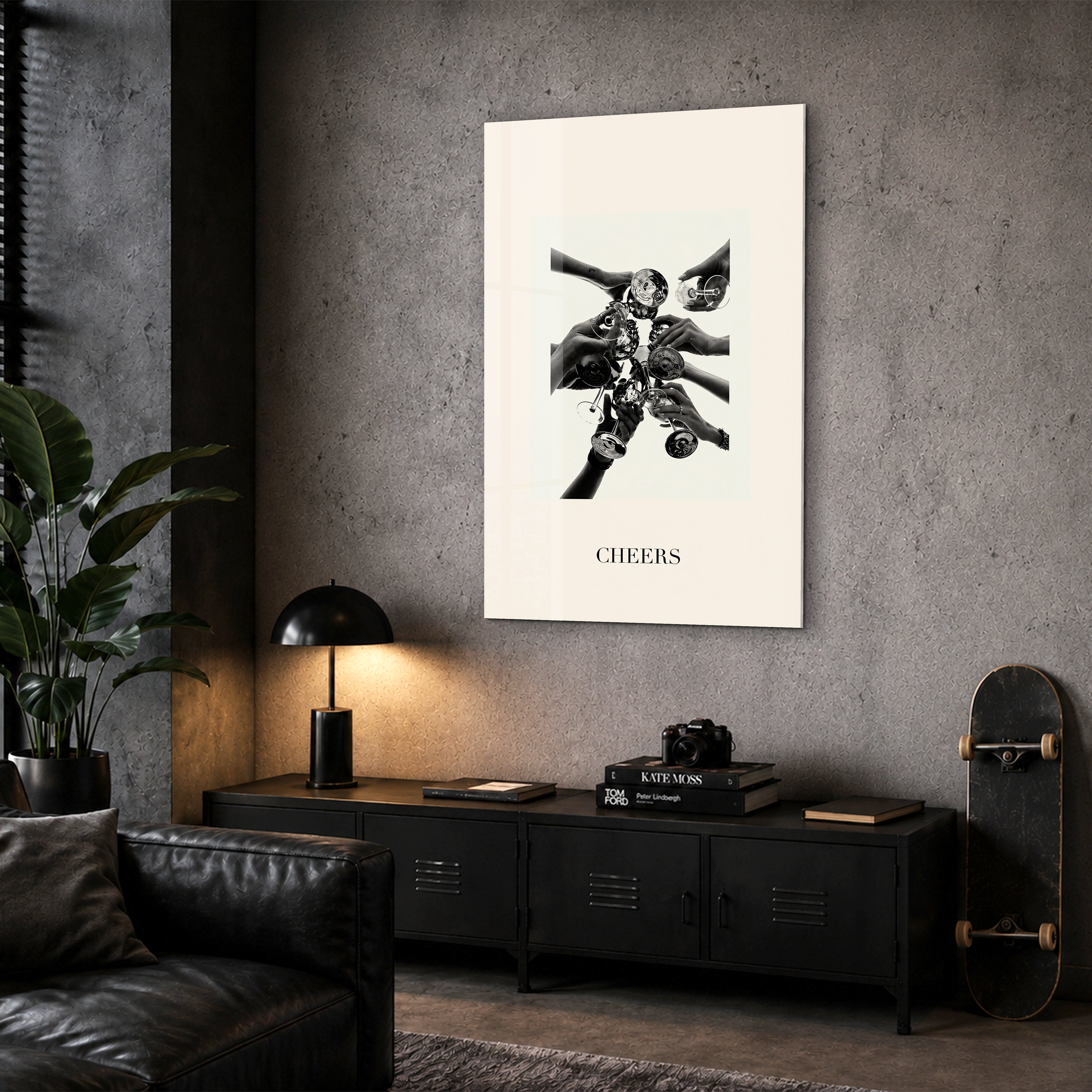 Artdesigna Cheers Champagne Toast glass wall art featuring champagne glasses in a corner view