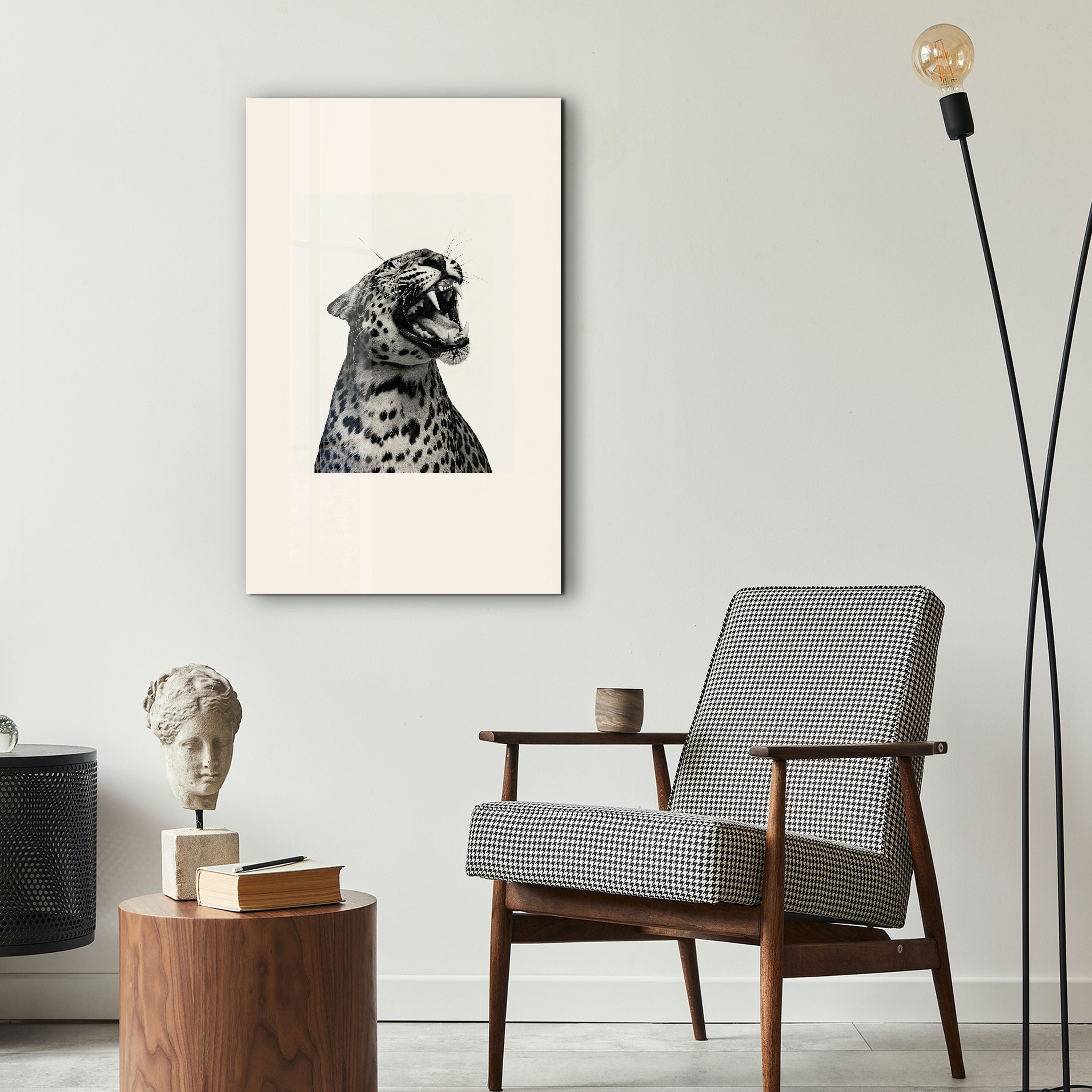 Artdesigna Leopard Roar glass wall art featuring a striking leopard portrait in a modern lifestyle setting