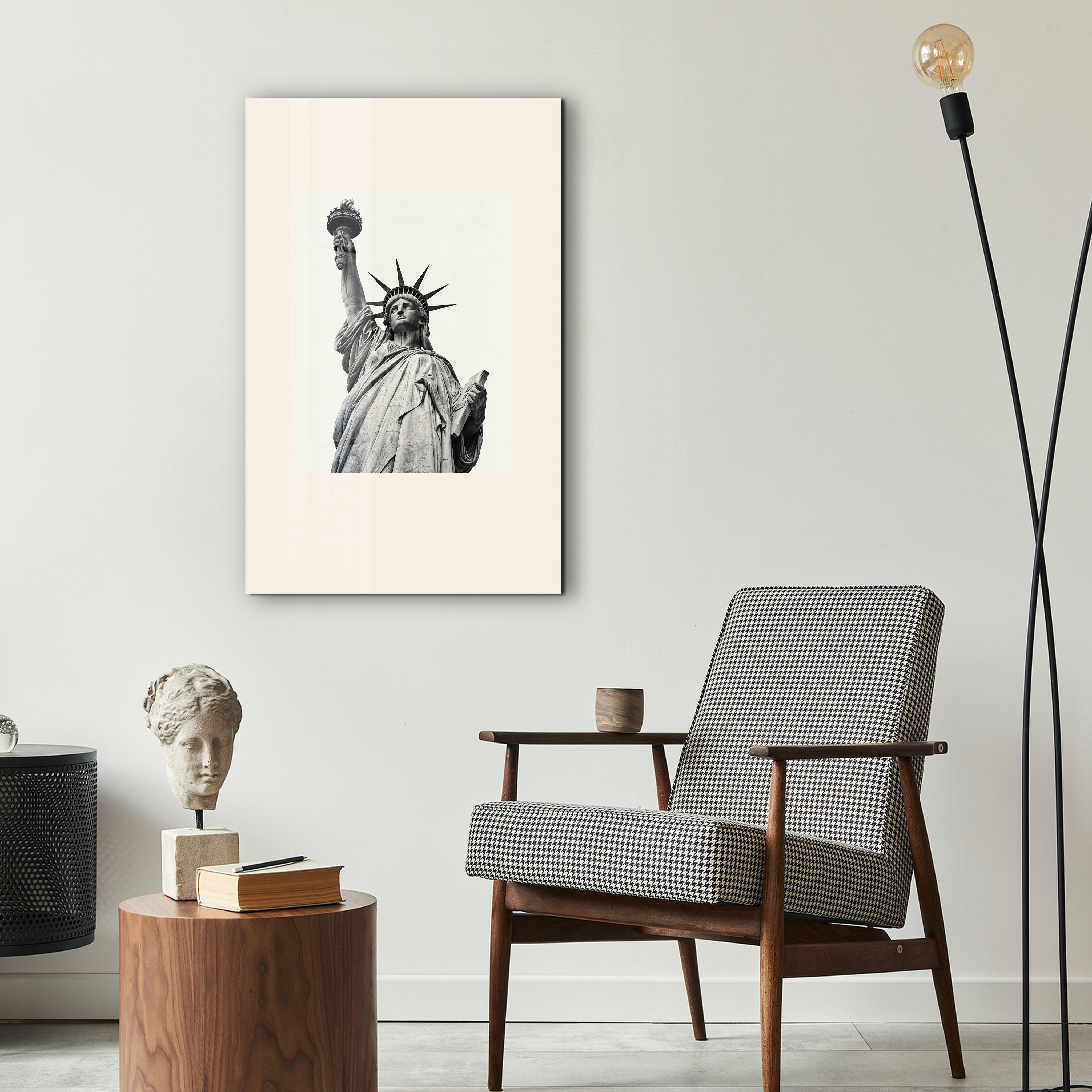 Lady Liberty glass wall art by Artdesigna displayed in a stylish interior setting