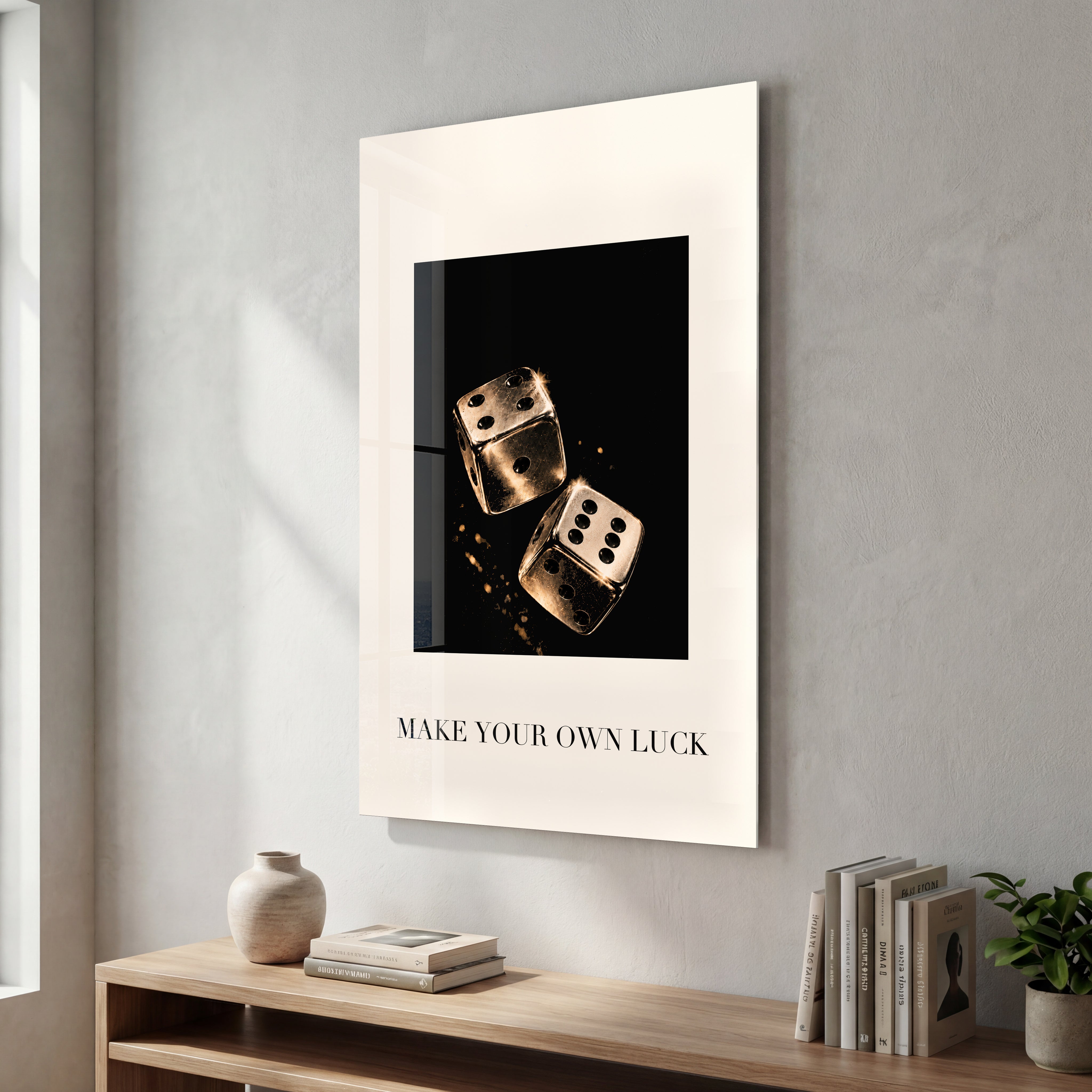 Make Your Own Luck Golden Dice glass wall art by Artdesigna, featuring golden dice design on glass
