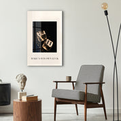 Make Your Own Luck golden dice glass wall art by Artdesigna displayed as stylish wall decor