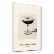 Artdesigna Espresso Martini glass wall art featuring a cocktail-themed design on transparent glass panel