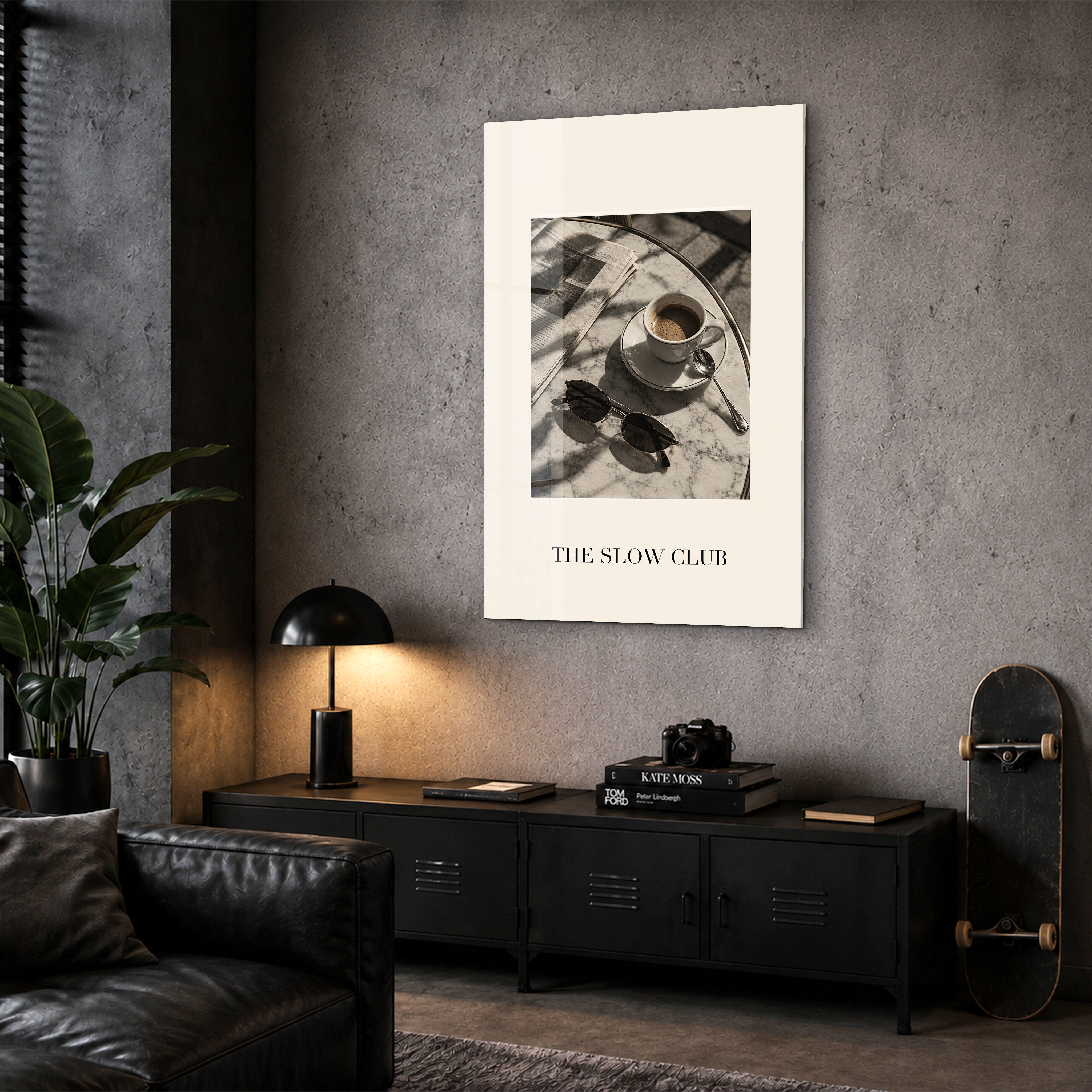 The Slow Club Artdesigna glass wall art displayed in a corner setting